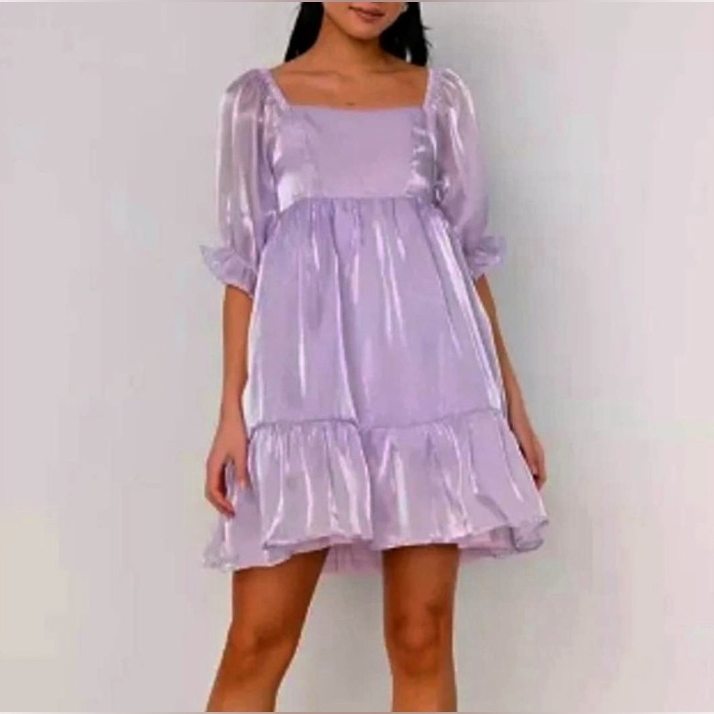 Baltic Born Medea Babydoll Chiffon M Mini Dress Lavender Lilac Puffed Sleeves